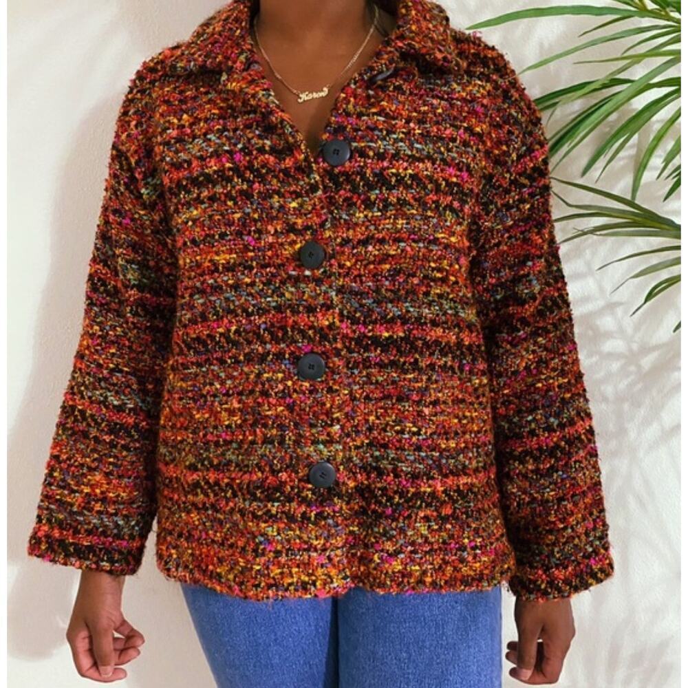 Chico’s Design tweed multicolor rainbow  blazer/ jacket, button up Sz 3 Y2K